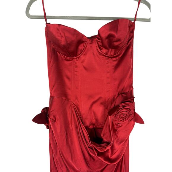 LPA Ilaria Corset Midi Dress Strapless Rosette Formal Party Elegant Red Size S - Picture 6 of 11